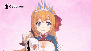 a .gif of pecorine from a princess connect 3D concert. she holds a riceball with a bite taken out of it in her right hand. as she chews, she does a little salute with her left hand before doing a happy dance.