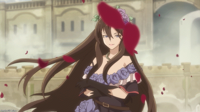 a .gif of rosetta from granblue fantasy the animation. she smiles at the screen, her hair blowing in the wind as rose petals fly by.