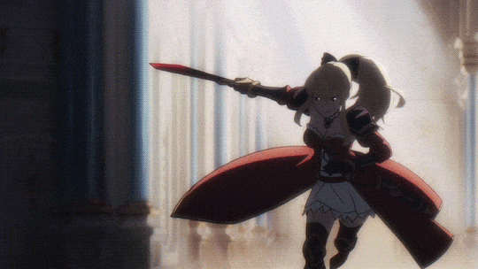 a gif of vira from granblue fantasy the animation. she charges at the camera with her sword and it zooms in on her left eye, showing a younger katalina inside it.
