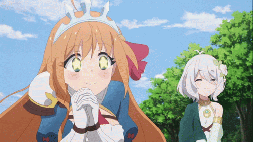a .gif of pecorine from the princess connect anime. she stands next to kokkoro with her hands clasped, bouncing up and down with stars in her eyes.
