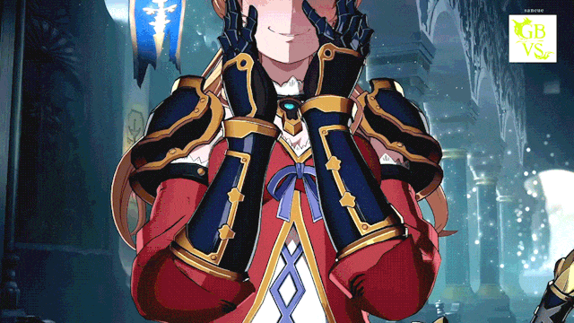 a gif of vira from granblue fantasy versus. the camera pans up as she cups her cheeks, smiling and blushing in a lovestruck way.